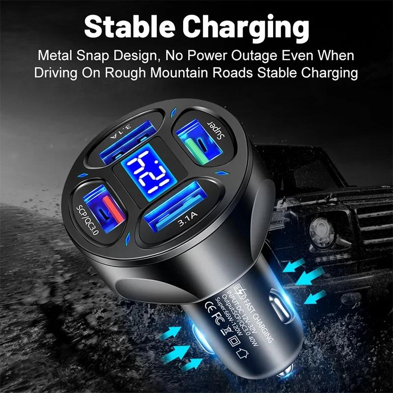 Super High Power Fast  3.1A Output Charging 4-Port Car Phone Charger with LED Digital Display -One Drag Four USB Multiple Phones