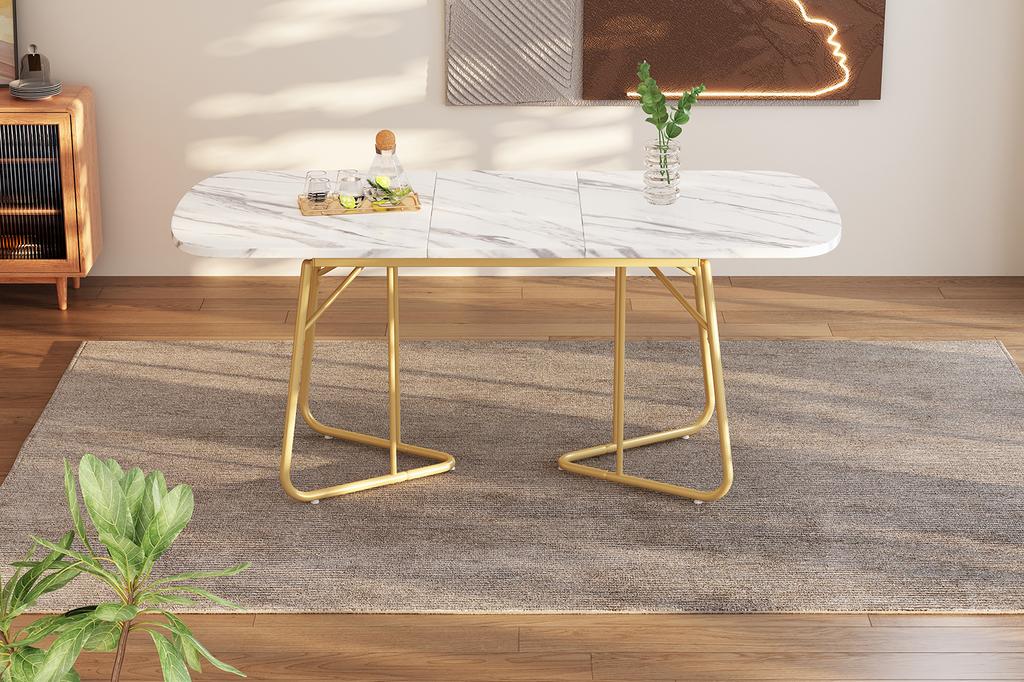 White Extendable Dining Table with Marble Structure, Gilded Metal Table Legs, 140/180*80 Cm, Exquisite Luxury, Rectangular, Suitable for 4–6 Persons
