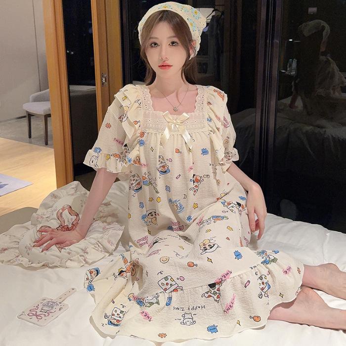 Princess Style Fattened And Enlarged Summer Short-Sleeved Nightgown Wrinkled Cotton Loose Large Size Sweet Cartoon Loungewear Can Be Worn Outside