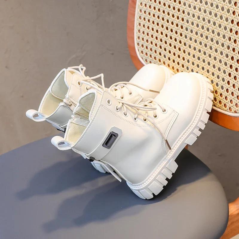 Girls Fashion Boots Kids Black Boots Motorcycle Tide British Style Kids Rubber Boots 2024 Autumn Winter Warm with Metal Buckle