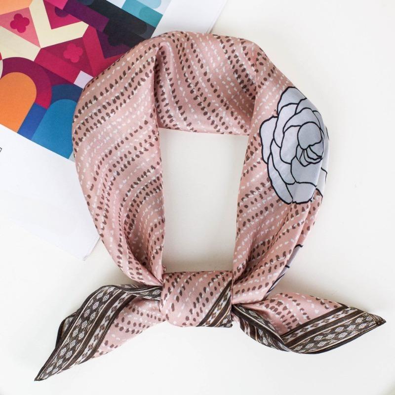 68cm Pink Camellia Pattern Scarf for Women's Spring Summer New Imitation Silk Scarf for Trendy Versatile Headscarf Scarfs Shawl