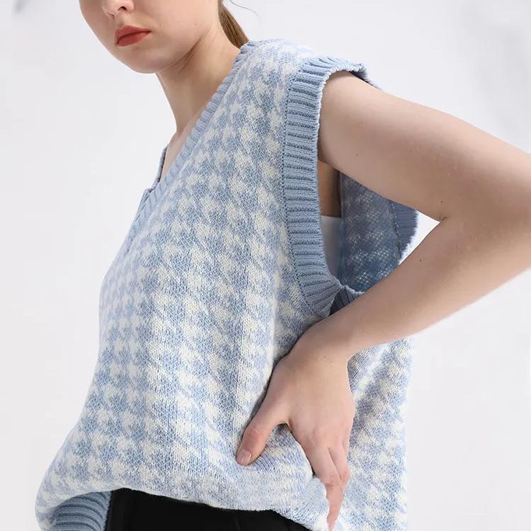 Women Fashion Oversized Houndstooth Plaid Knitted Vest Sweater Vintage Sleeveless Side Vents Female Waistcoat Chic Tops