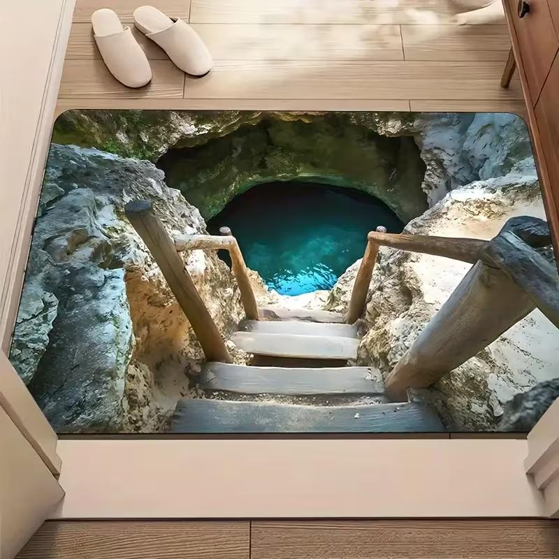

3D Wooden Staircase Doormat with Mysterious Cave Blue Water Non-Slip Entrance Rug for Home Decor Unique Floor Mat Art 40x60cm