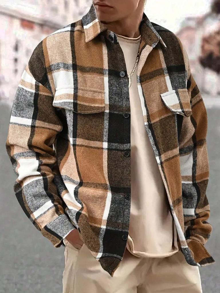 Men's Retro Plaid Brushed Long Sleeve Shirt Jacket with Elegant Lapel