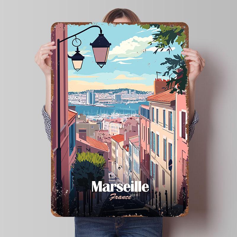 Marseille France Cityscape Travel Metal Poster Custom Wall Art Retro Vintage Tinplate Signs for Man Cave Office Decoration House