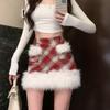 Christmas Outfit Fur Patchwork Red Plaid Woolen Skirt Women's Early Spring Petite High Waist Hip Short Skirt