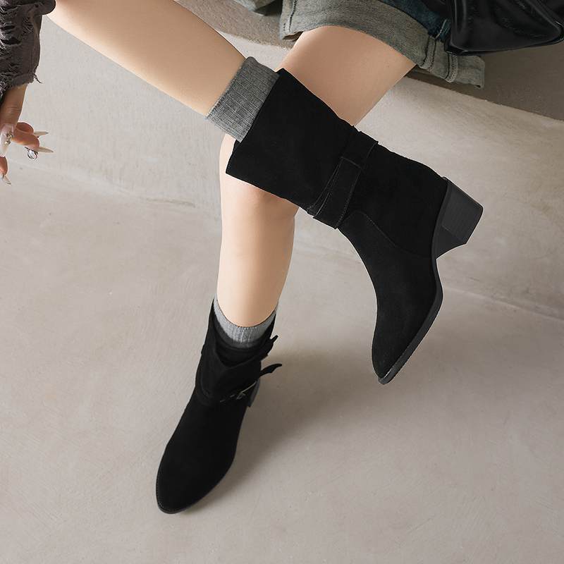 Krazing Pot Cow Suede Nubuck Winter Round Toe Modern Boots Med Heels Slip on Metal Rivets Women Mid-calf Boots