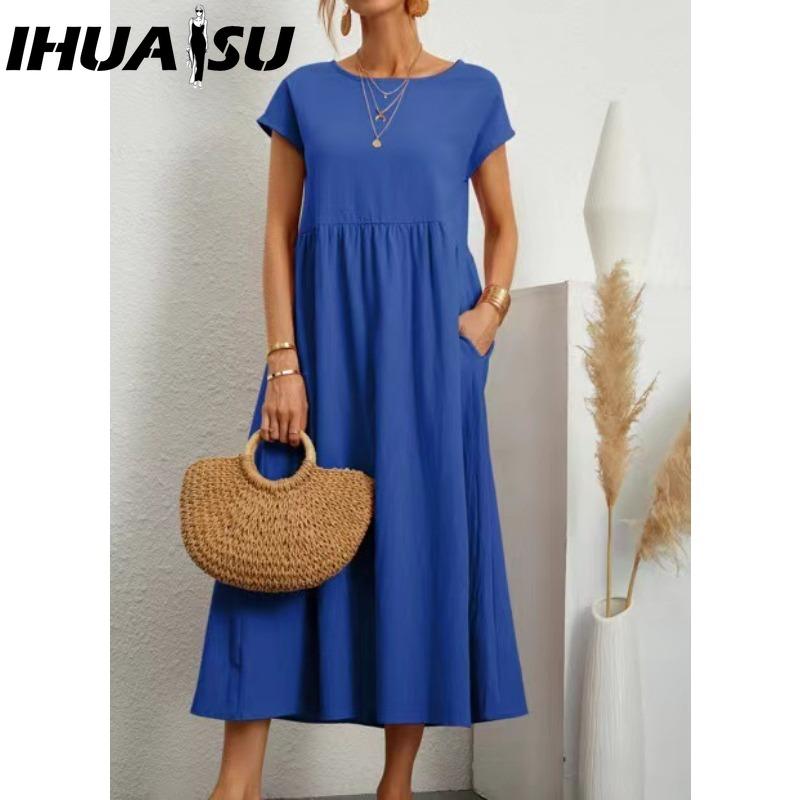 

IHUASU Жіноча Мода Літо Весна Однотонний Принт Короткий Рукав Круглий Виріз Повсякденні Сукні XXL