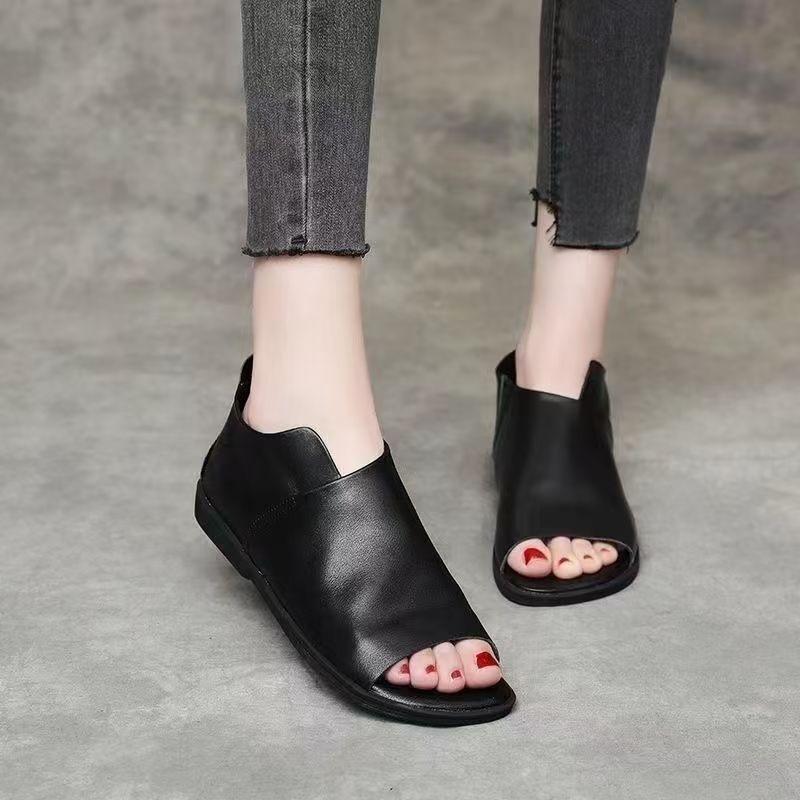 Sandali Estivi Nuovi da Donna in Pelle con Suola Piatta, Punta Aperta, Suola Morbida, Antiscivolo, Leggeri, Bassi, Slip-On, Copri Tacco, Sandali Casual