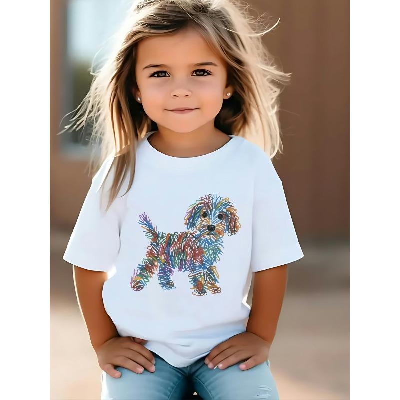 Girls Color Pencil Rainbow Puppy Graphic Crewneck Short Sleeve Tee