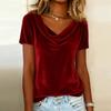 Damen Samt-T-Shirt Top mit Schwingkragen und kurzen Ärmeln