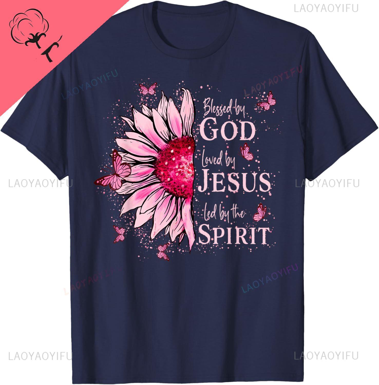 Blessed By God Loved By Jesus Pink Sunflower TShirt Kawayi Y2k Couple Cotton Womens Tshirts S