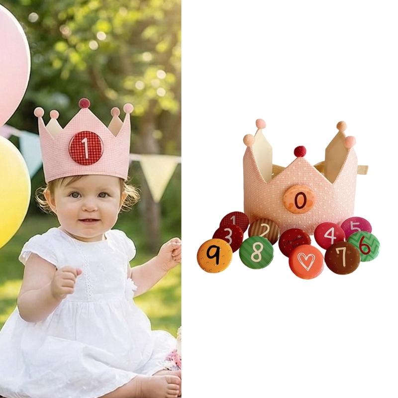 Adjustable Kids Birthday Crowned Hat Soft Cotton Fabric for Photoshoots 0 To 9 Years Reusable Props with Badges