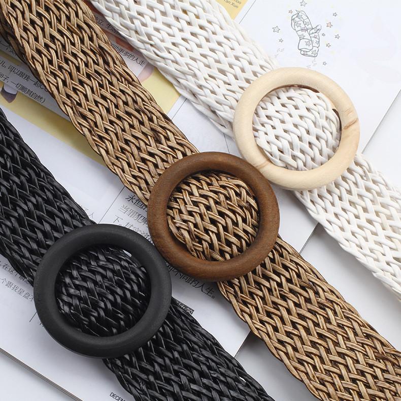 Womens Woven Cotton Linen Belt With Round Wooden Buckle For Casual Dress Fashion