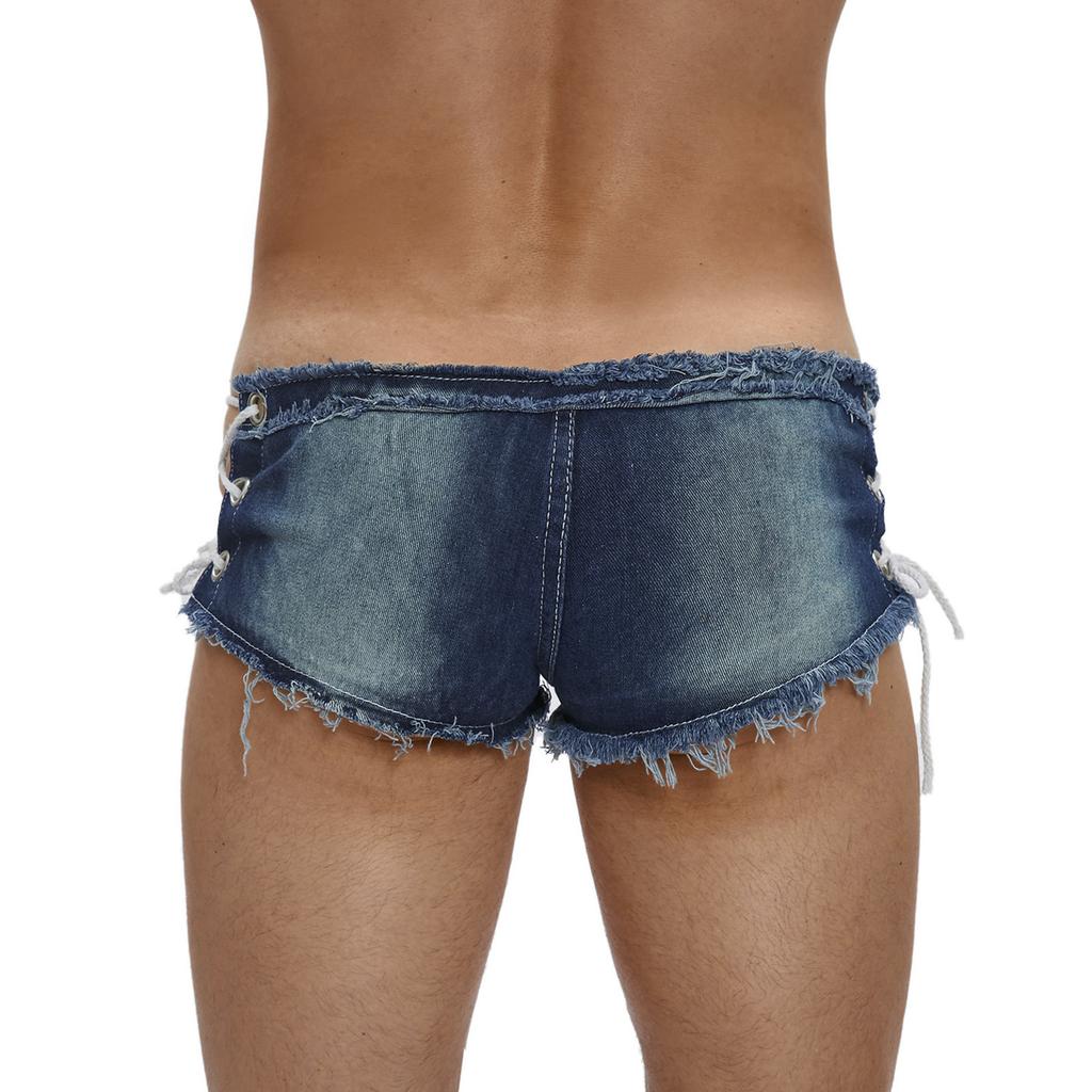 Men’s Low Rise Extra Short Denim Shorts Raw Edge Ripped Side Lace Up Hot Pants for Rave Clubbing