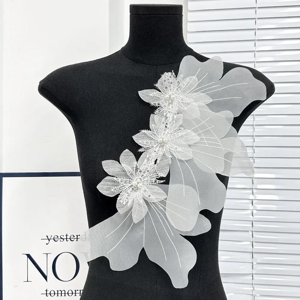 

New Multi-layer Organza Flower Patch DIY Large Dress Cloth Pin Hand-made 3D Embroidery Studded Patch Corsage Accessory белый