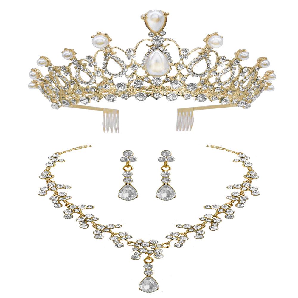 Simple Bridal Jewelry All White Crystal Crown Tiara Herringbone Necklace Wedding Earrings Three-piece Set for Women