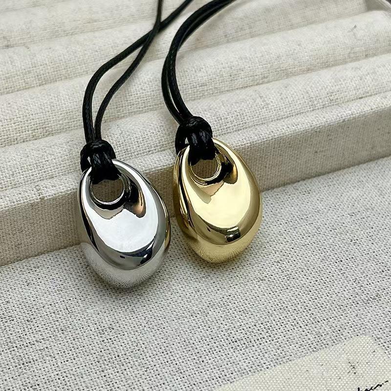 Vintage Irregular Punk Metal Bean Pendant Necklace for Women Adjustable Black Leather Rope Long Clavicle Chain Charm Jewerly