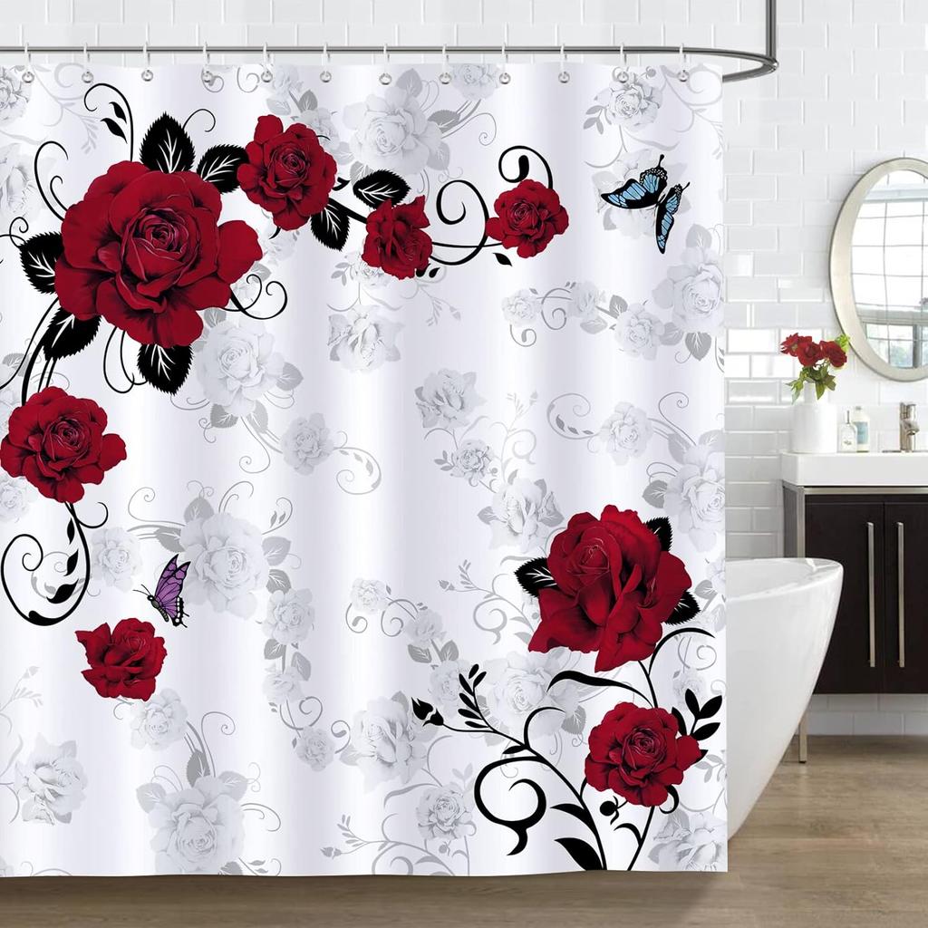 Röd Ros Blomma Duschdraperi Vattentät Tvättbar Polyester Duschdraperi 180x 180cm Med 12 Krokar