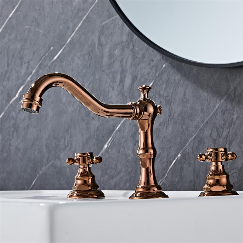 Tuqiu Basin Faucet Brass Rose Gold Bathroom Faucet Antique Sink Faucet 3 Hole Double Handle Hot & Cold Wash Faucet Water Tap
