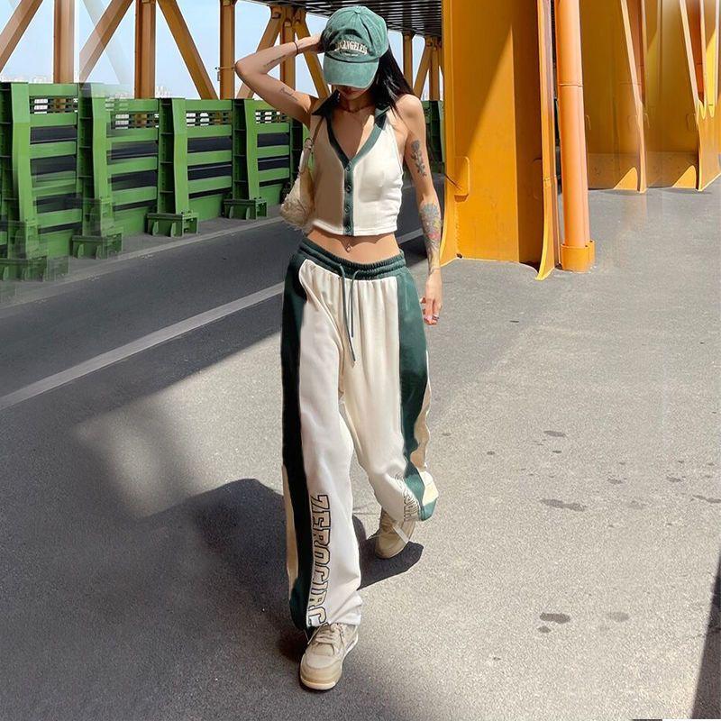 Women's American Vintage Contrast Panel Hiphop Joggers - Jazz High-Waist Loose Wide-Leg Dance Pants with Retro Design