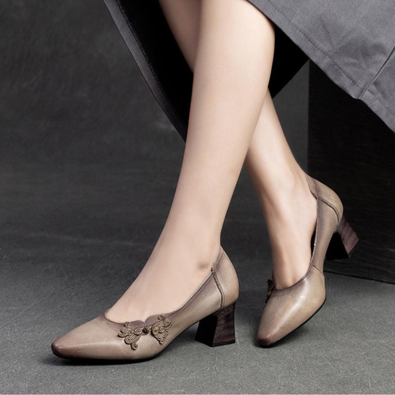 Johnature Scarpe con tacco alto a punta stile etnico Scarpe da donna con décolleté poco profonde in vera pelle retrò versatili