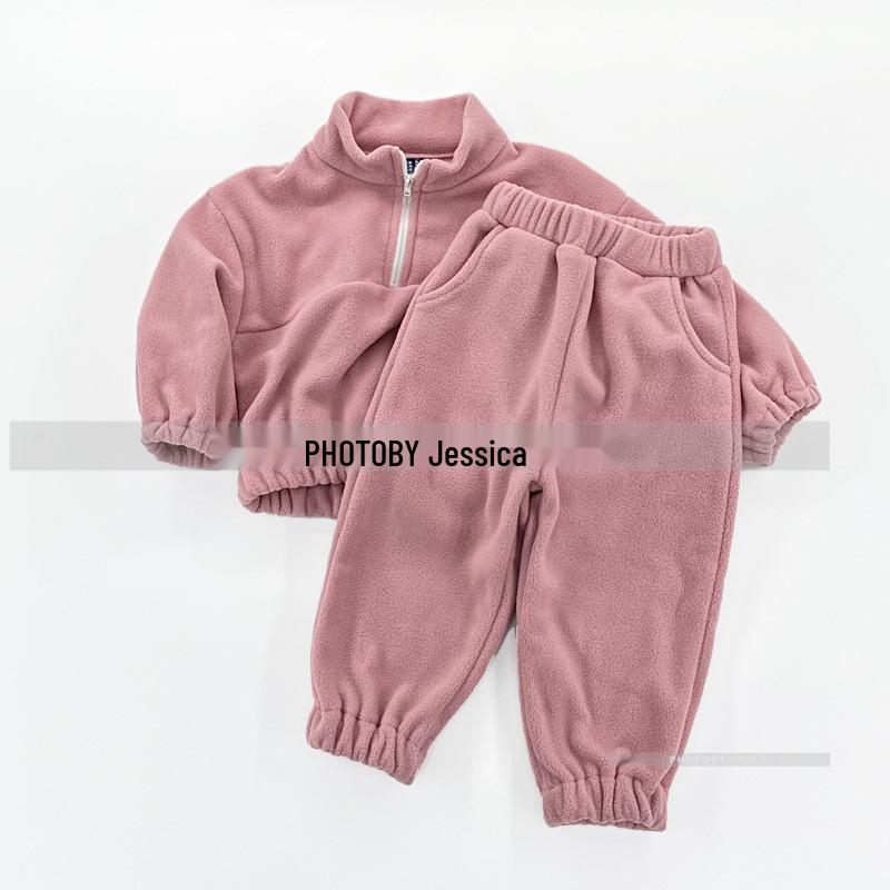Korean Style Winter Fleece Set: High Neck Half-Zip Top & Joggers for Boys and Girls