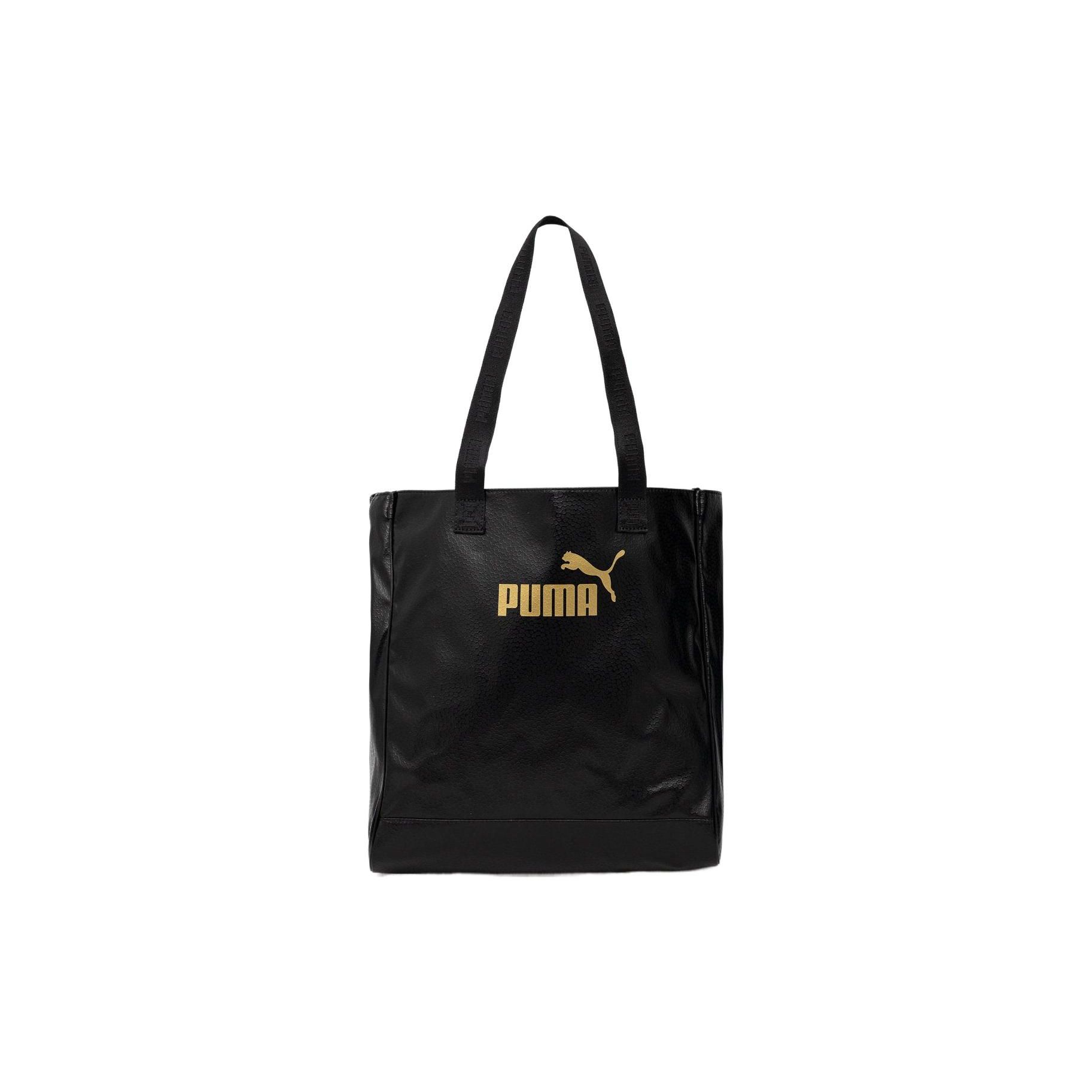 Puma Black Gold Logo Print Large Capacity Fabric Tote Bag Unisex Tote Bags 078301-01 Black
