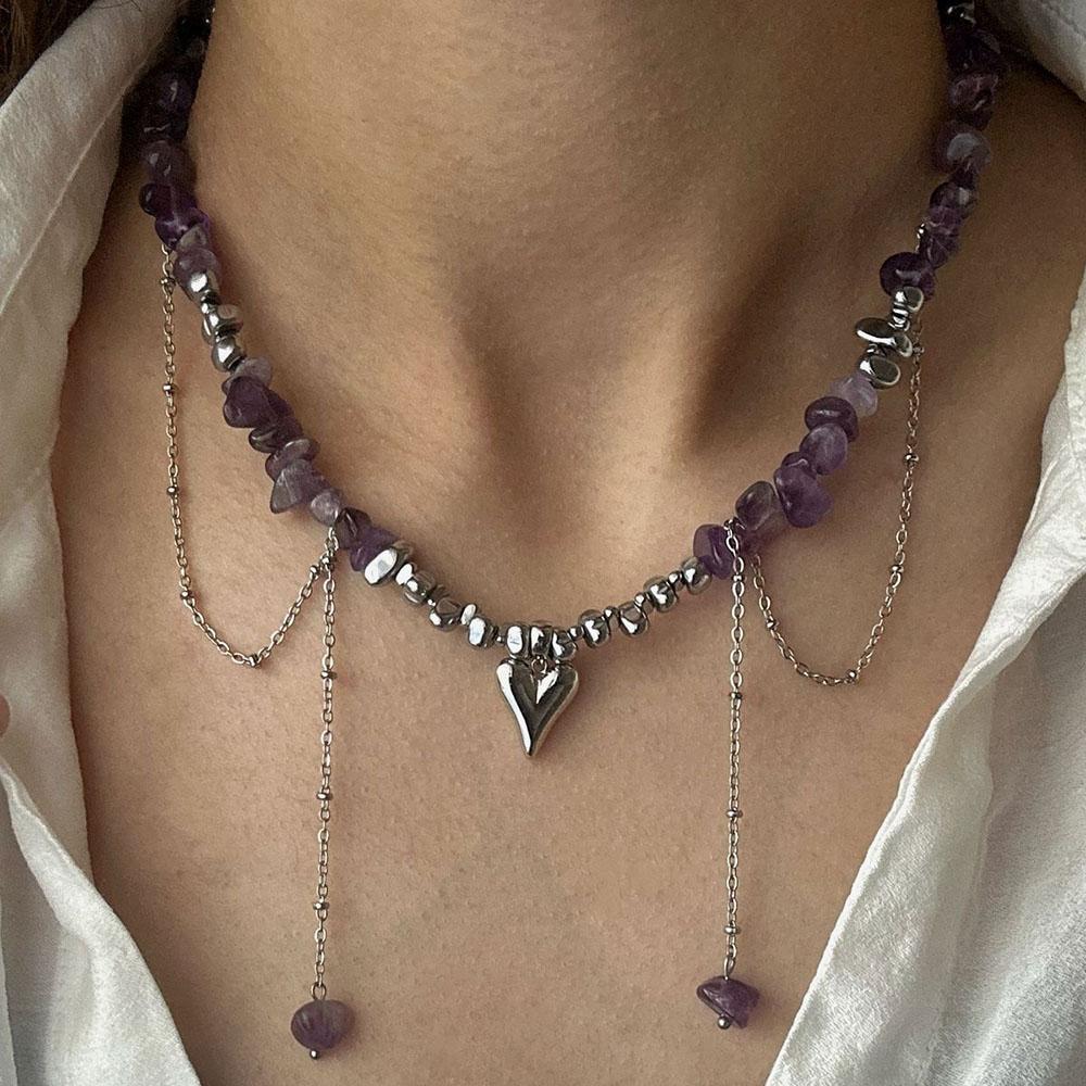 

Fashion Vintage Sexy Zircon Heart Pendant Tassel Necklace For Women Boho Geometric Purple Natural Stone Jewelry X0368