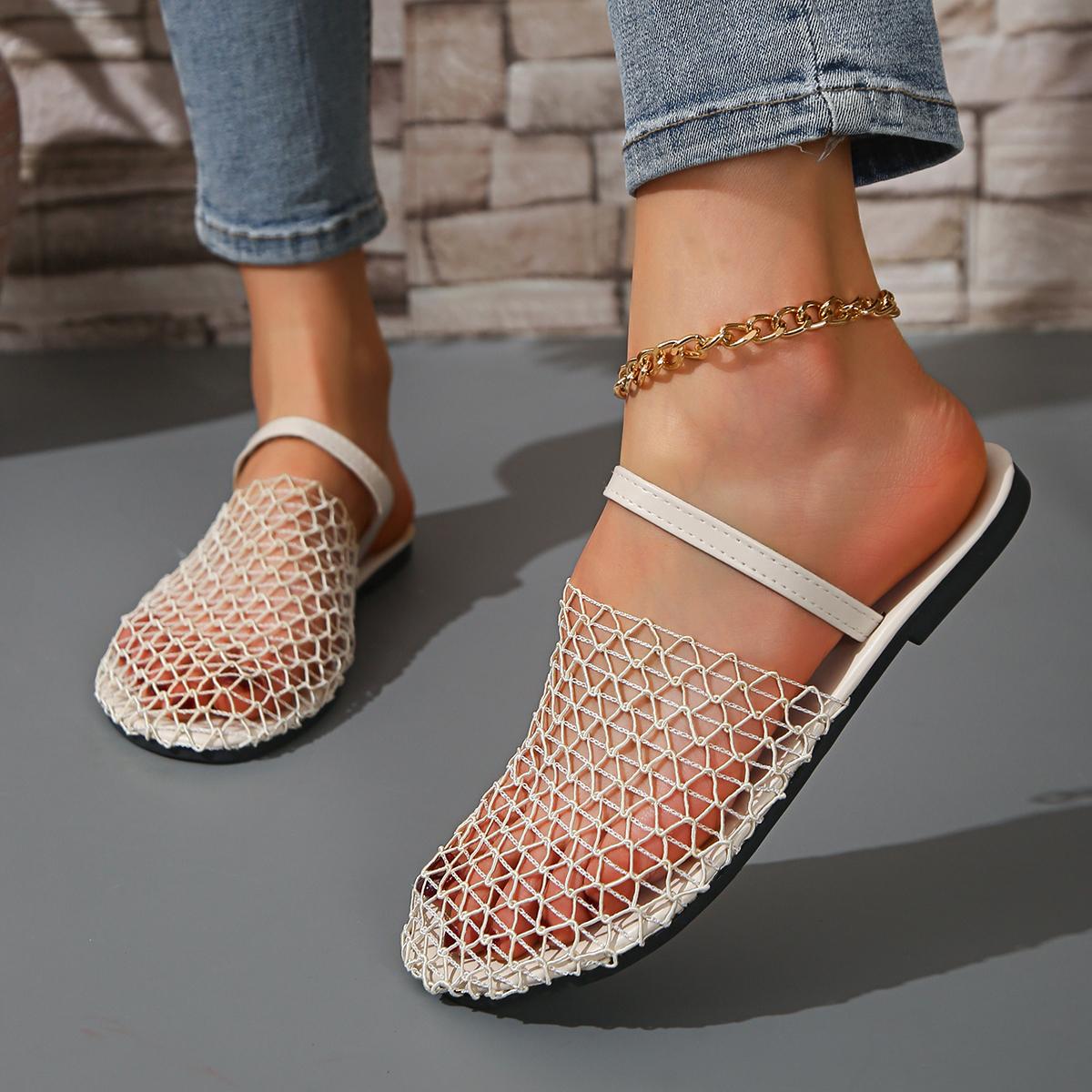 

Модные летние сетчатые тапочки с закрытым носком для женщин 2025 Новые повседневные туфли на плоской подошве Женский дизайн Сандалии с круглым носком Уличные мюли Женские тапочки 43 бежевый