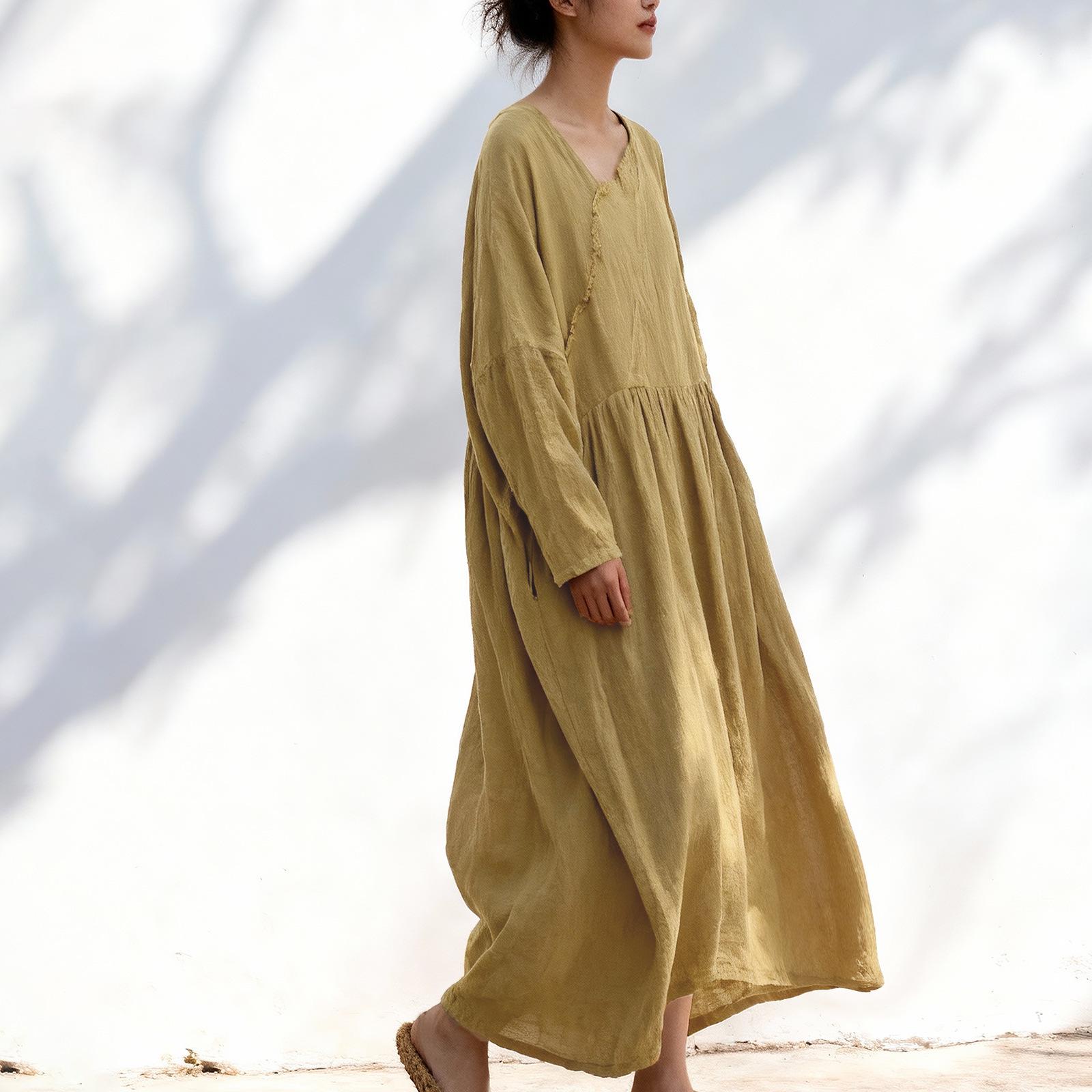 

Mountain Thousand Thoughts Artistic Cotton Linen Travel Robe Dress with Soft Loose Fit and Frayed Hem One Size хаки