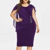 O-Neck Short Sleeve Chiffon Shawl Pleated Decor Women Dress Solid Color Plus