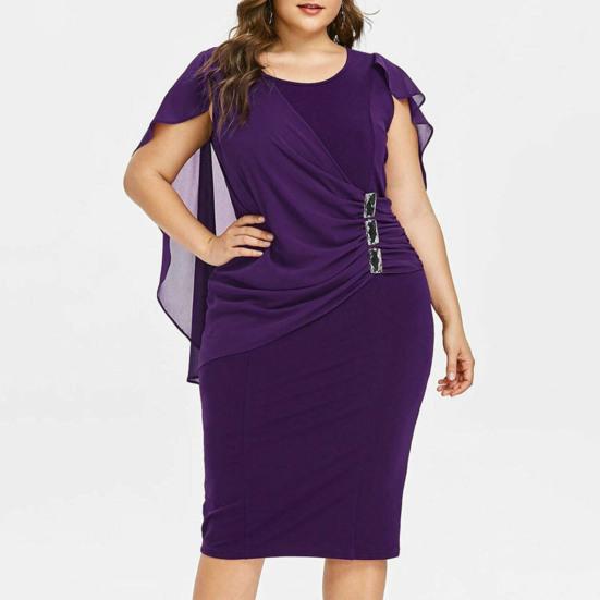 O-Neck Short Sleeve Chiffon Shawl Pleated Decor Women Dress Solid Color Plus