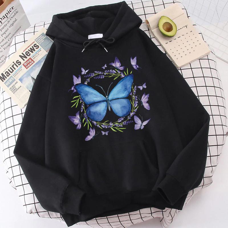 Fashion Butterfly Printed Hoodie Autumn/Winter Casual Hooded Long Sleeve Pullover Sweatshirt