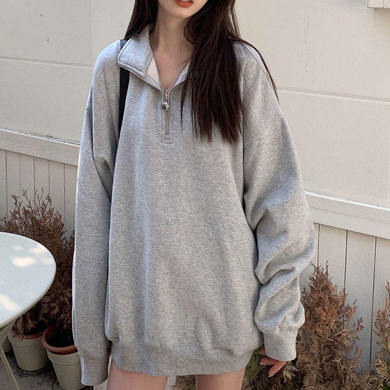 Half Zipper Stand Collar Sweatshirt Women Loose Long Sleeve Hoodie Autumn Winter Solid Color Casual Sport Pullover