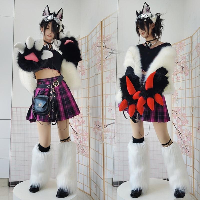 Faux Furs Plush Cats Claw Gloves Fursuit Animal Foxes Paws Mittens Halloween Cosplay Costume Accessories Adult Kids