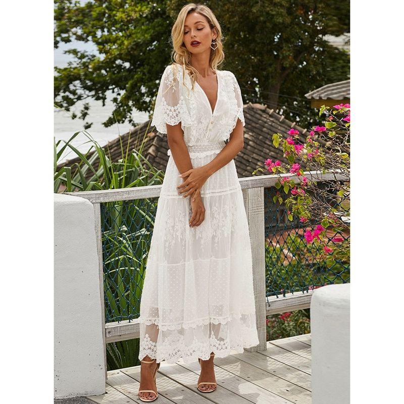 Cross Semi-Sheer Plunge V-Neck Short Sleeve Lace Maxi Dress