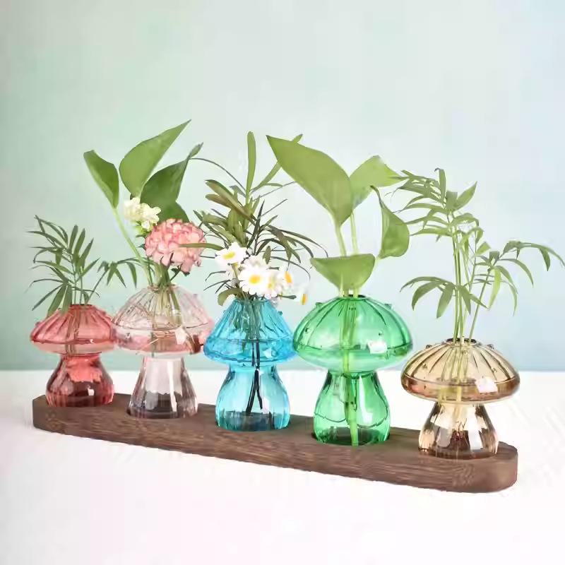 Modern Colorful Mushroom Glass Vase - Exquisite Art Ornament for Living Room, Small Hydroponic Container