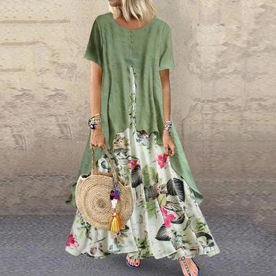 Women's Summer Mid-length Floral Dress Elegant High Waist Slim Short Sleeve Long Skirt Dress