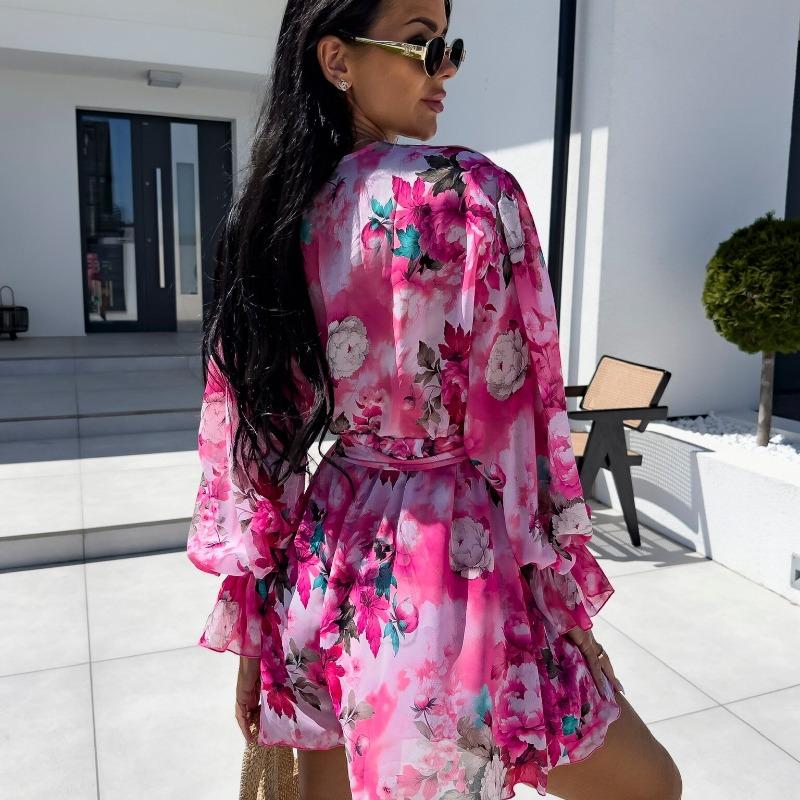 Neue Mode Vintage Puffärmel Print Floral Jumpsuits Damen Elegant Slim Fit Casual Damen Strampler V-Ausschnitt Schnürung Bürodame Sommer Bodys 26160