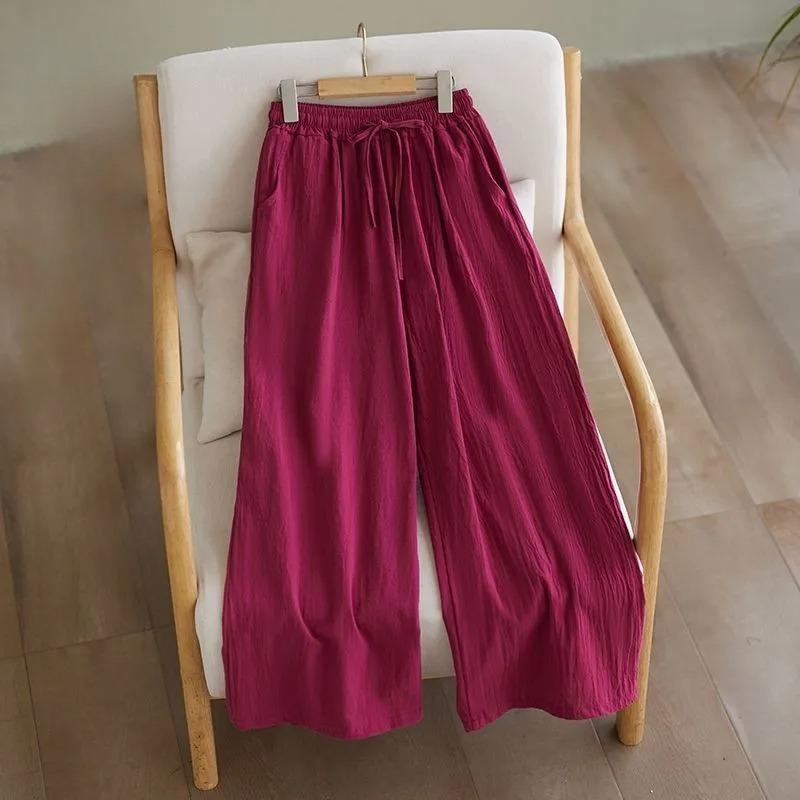 Loose Cotton Linen Wide Leg Pants Women's Summer Autumn Style Artistic Simple Elastic Waist Meat Concealing Trousers