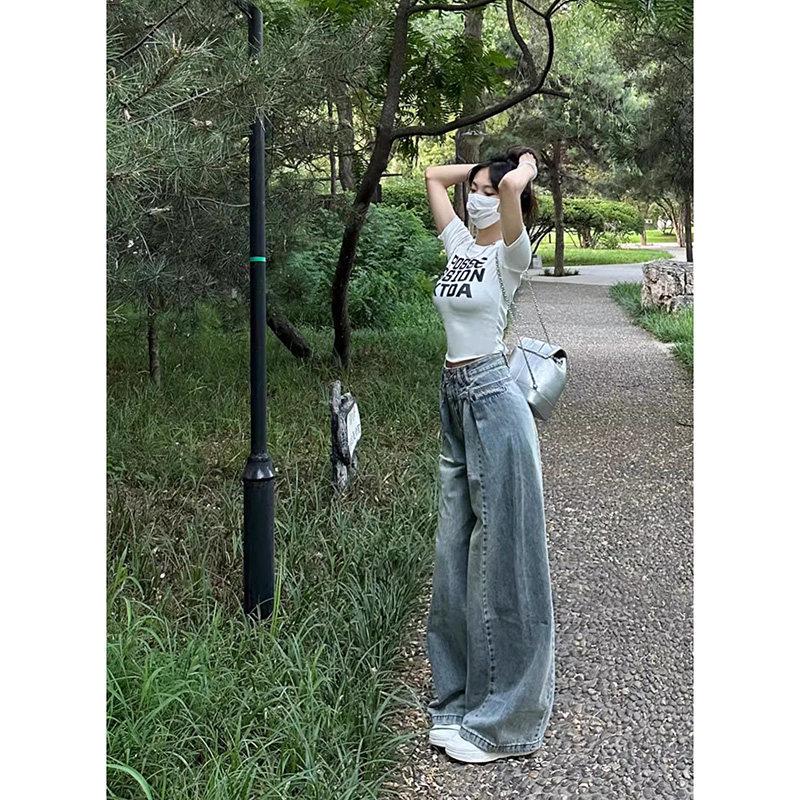 Women s Plus Size High-Waisted Pleated Wide-Leg Jeans - Retro Style, Loose, Slimming, Floor-Length XL