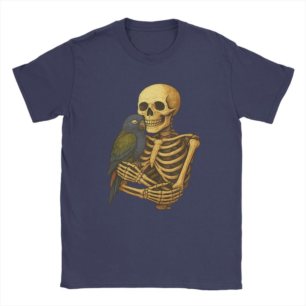 Skeleton Hugging Pionus Parrot Funny Halloween T-Shirt Men Vintage Cotton Tees O Neck Short Sleeve T Shirts Plus Size Clothes