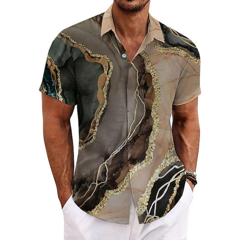 Men's Summer Shirt Vintage Patchwork Printed Button Lapel Short Sleeve Shirt Tropical Vacation T Shirt Fashion Soft Men Clothing