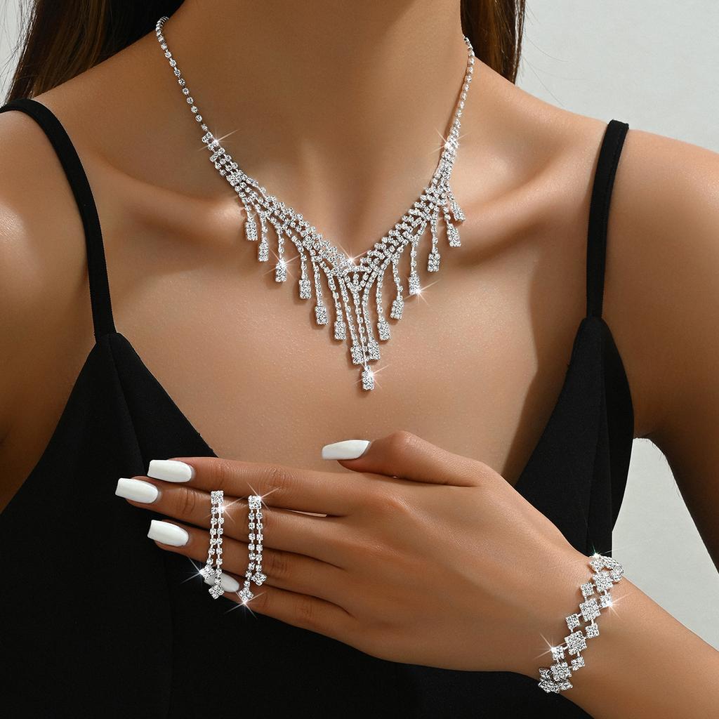 Claw Chain Rhinestone Necklace Earrings Bracelet Set, Dress Dinner Necklace Collarbone Chain Accessories