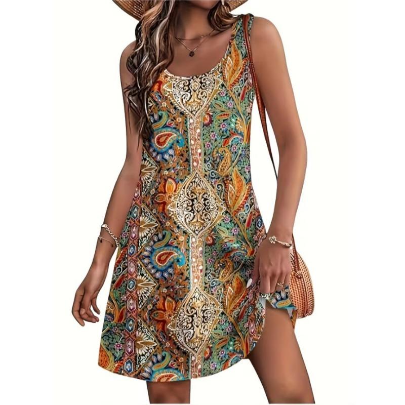 Women's fashionable printed casual sleeveless dress, machine washable, comfortable and versatile