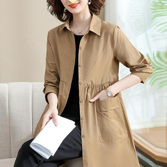 2025 Slimming Waist-Cinch Mid-Length Trench Coat for Middle-Aged Women - Spring/Autumn