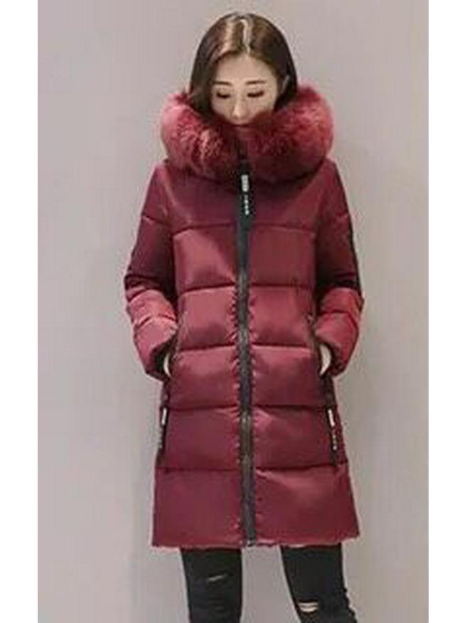 Women's Medium to Long Slim Fit Cotton Coat with Large Fur Collar