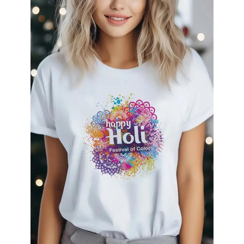 European sizes Women S Happy Holi Festival of Colors Tie-Dye Letter Print T-Shirt - Vibrant Breathable Round Neck Short Sleeve Tee for Casual S