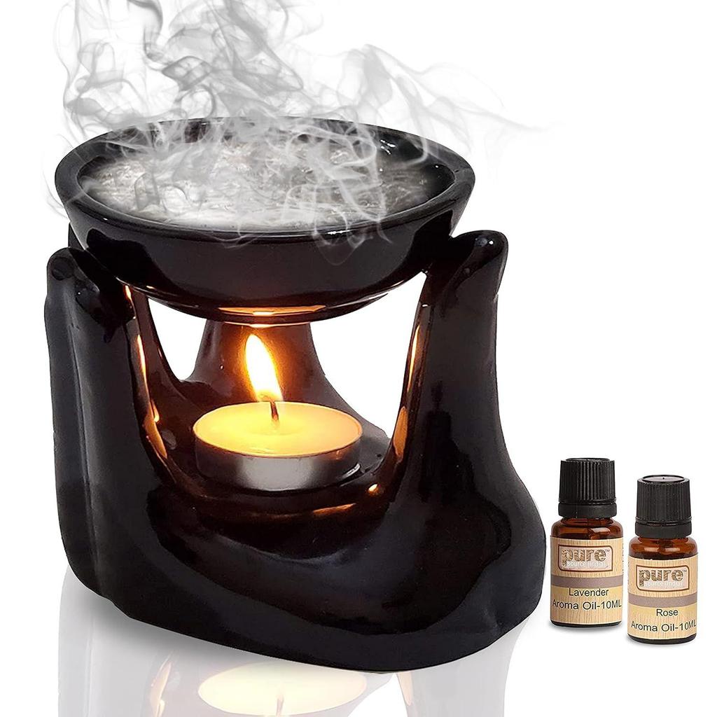 Ceramic Hand Type Aroma Diffuser Oil Burner with Lavender & Rose Oil 10ml Each (Black)